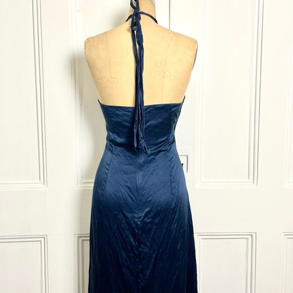 Adrianna Papell Boutique Vintage Navy Halter Elegant Silk Long Maxi Dress Glam - Picture 6 of 10